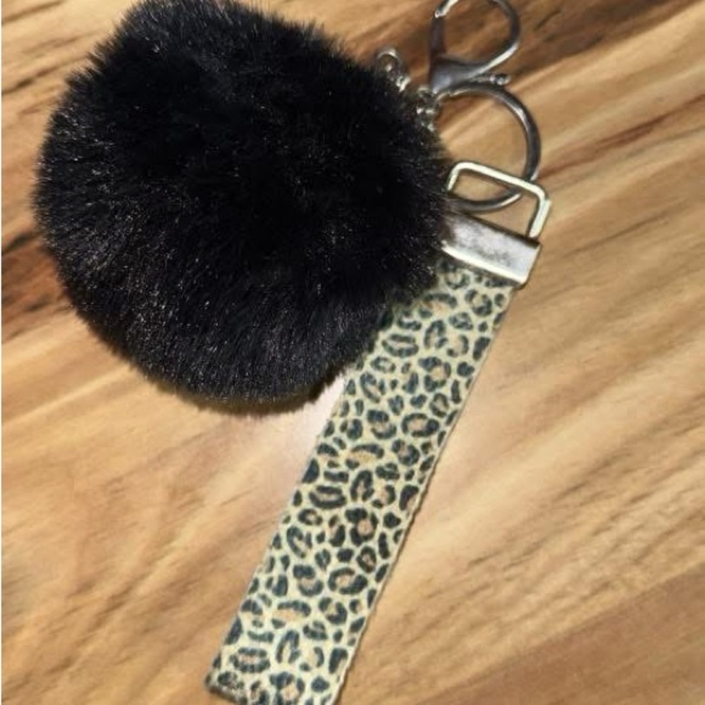 Leopard Print Keychain with Black Pom Pom